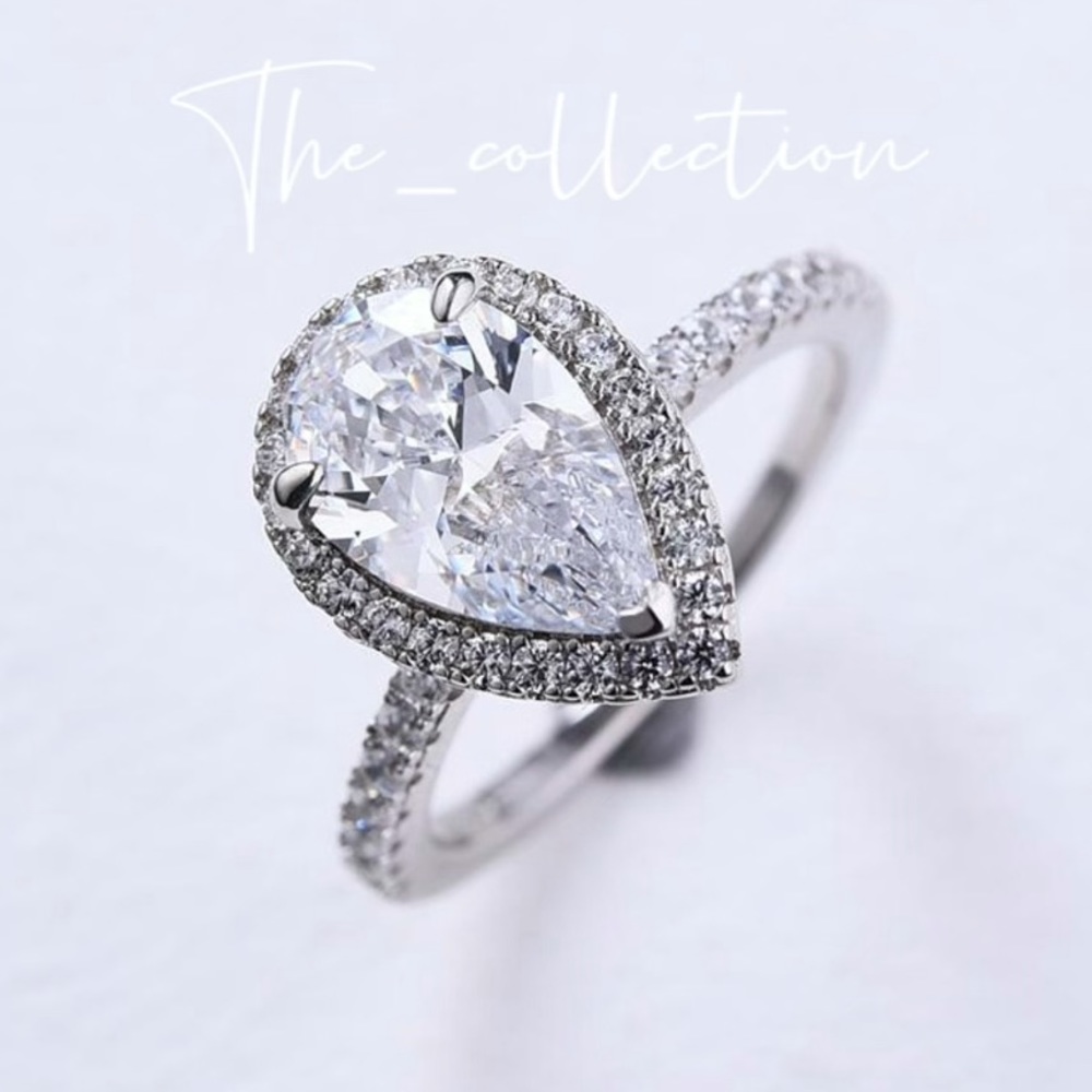 HALO PEAR CUT ENGAGEMENT RING IN STERLING SILVER - Picture 2 of 4